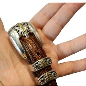 Arden Leather Lizard Embossed Calfskin Belt Brown, Silver hardware size Large